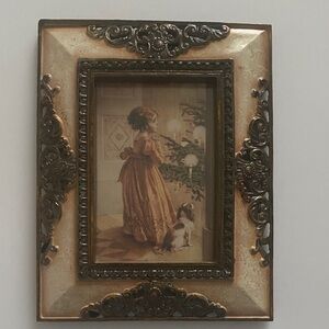 Vintage Style Ornate Brown & Gold Picture Frame girl & dog with Christmas Tree